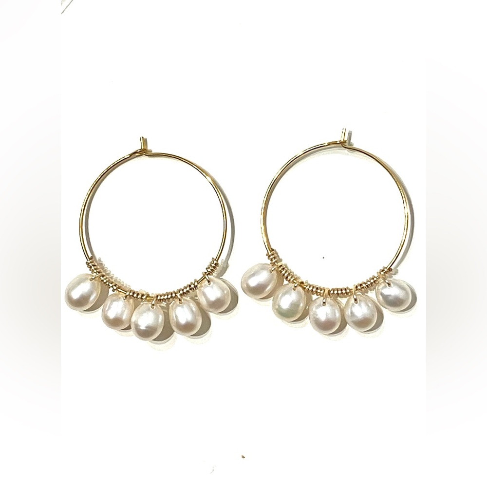 Gold Tone Freshwater Pearl Wire Hoop Earrings